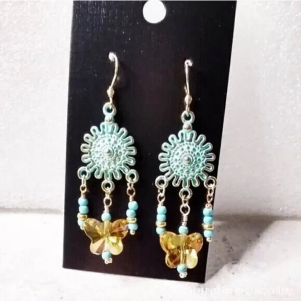 Boho Butterfly Chandelier Earrings • Yellow Aqua Turquoise • Spring Festival